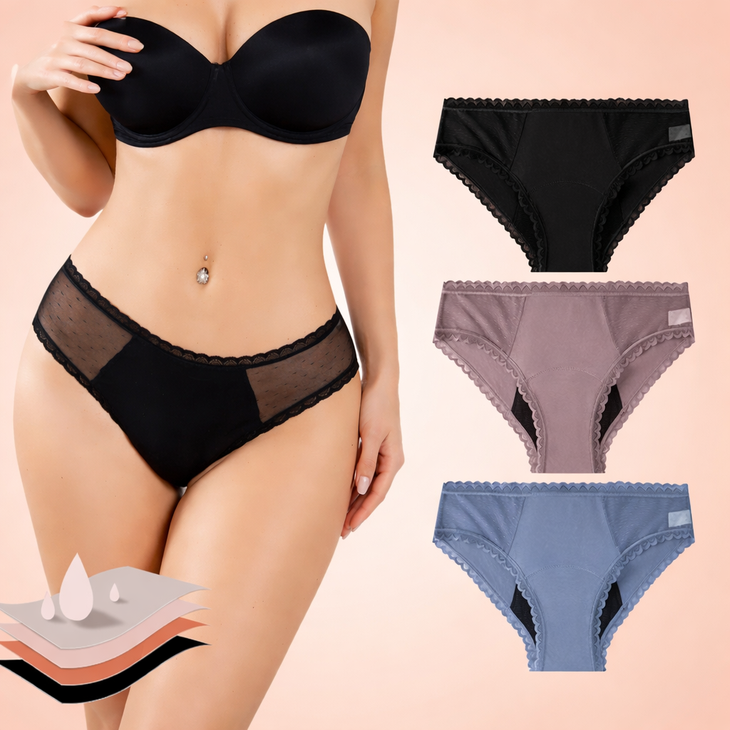 Mirage Periodenunterwäsche - 3-lagiger Schutz in drei Farben. Schwarz, Altrosa und Blau