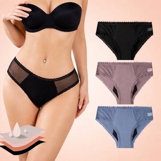 Mirage Periodenunterwäsche - 3-lagiger Schutz in drei Farben. Schwarz, Altrosa und Blau