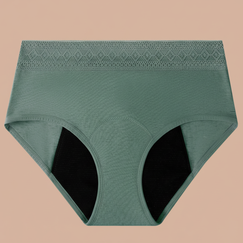 Ivy Bamboo Brief Periodenunterwäsche salbeigrün – High-Waist mit Spitzenband und 4-Lagen-Schutz